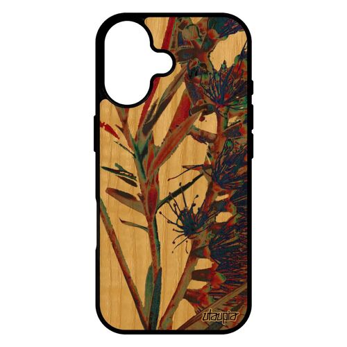 Coque Pour Iphone 17 Bois Veritable Silicone Fleurs Motif Gel Nature Texture Design Rouge Plante Exotique Housse Mobile Fond Case