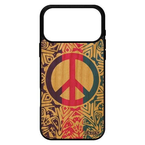 Coque en bois pour iPhone 17 pro max silicone Peace and love pastel Rose hippie & rosace Paix et amour housse rasta portable mobile