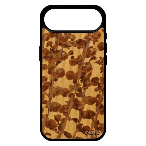 Coque Silicone Pour Iphone 17 Air En Bois Motif Feuilles Plantes Nature Noir 4g Marron Etui Fleurs Telephone Gel Design Artisanal