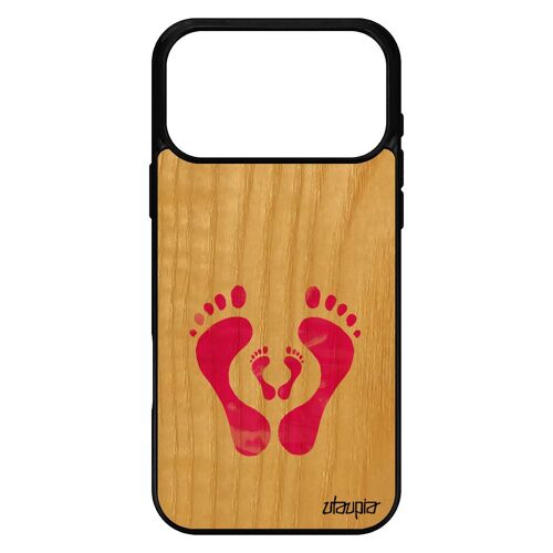 Coque en bois pour iPhone 17 pro max silicone trace de pas famille pied cadeau de naissance rose artisanat personnalisé housse etui