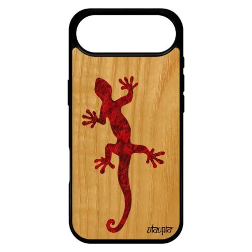 Coque En Vrai Bois Pour Iphone 17 Air Silicone Salamandre De Protection Portable Dessin Rigide Animaux Peinture Motif Homme Lezard