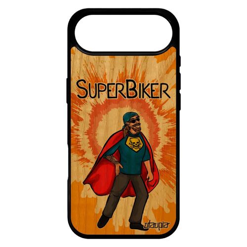 Coque en bois silicone pour iPhone 17 Air super biker motard bd humoristique humour personnalisé frêne bumper comics orange drole