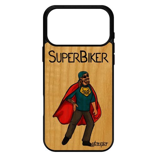 Coque en bois silicone pour iPhone 17 pro max super biker motard bande dessinée souple telephone case humoristique dessin drole de