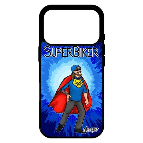 Coque pour iPhone 17 pro silicone super biker motard portable comics bleu 4G telephone humour bande dessinée heros made in France