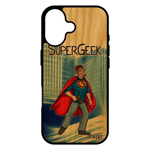 Coque Silicone Super Geek De Protection Pour Iphone 17 En Bois Humour Bande Dessinée Dessin Personnalisé Heros Jeux Video Console