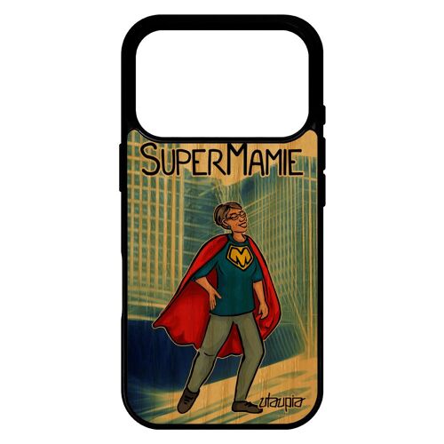 Coque en bois pour iPhone 17 pro et silicone super mamie smartphone bleu comics texte housse bande dessinée comique noir grand mere