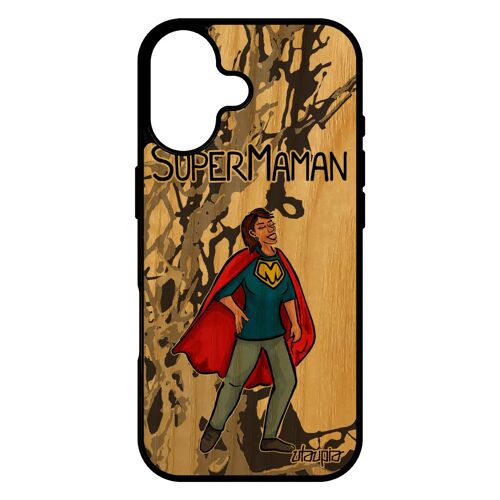 Coque Pour Iphone 17 Vrai Bois Silicone Super Maman Caoutchouc Gris 4g Famille Comique Design Frêne Heros Housse Humour Dessin Mere