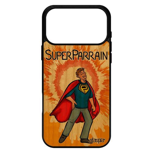 Coque en bois pour iPhone 17 pro max silicone super parrain humoristique bd telephone comics de protection orange heros etui
