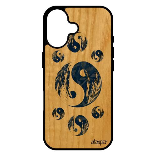 Coque Silicone Yin Et Yang Pour Iphone 17 Bois Naturel Design Japon Masculin Feminin Fille Smartphone Bien & Mal Bleu Tattoo Image
