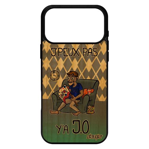 Coque j'peux pas y'a JO pour iPhone 17 pro max bois naturel silicone telephone sport antichoc jpeux drole violet athletisme bd je