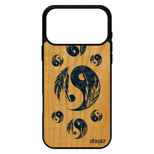 Coque bois Yin et Yang pour iPhone 17 pro max silicone smartphone gel Bleu noir tattoo imprimé masculin feminin plume fille japon