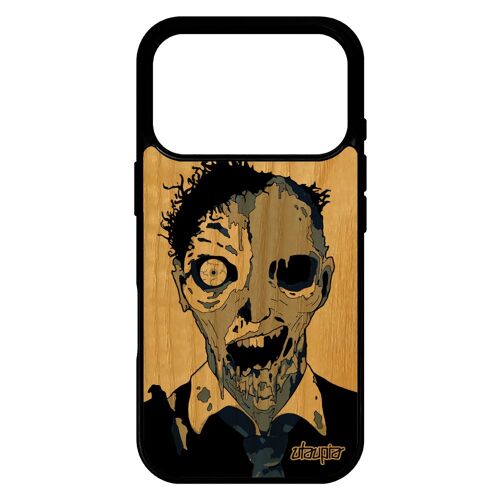 Coque bois veritable zombie pour iPhone 17 pro silicone urbain Bleu smartphone apocalypse gel gore fantome mort vivant portable de