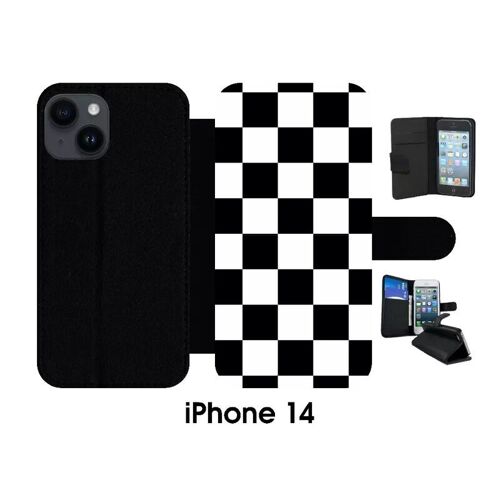 Etui À Rabat Iphone 14 - Carr Noir Et Blanc Damier - Simili-Cuir - Noir