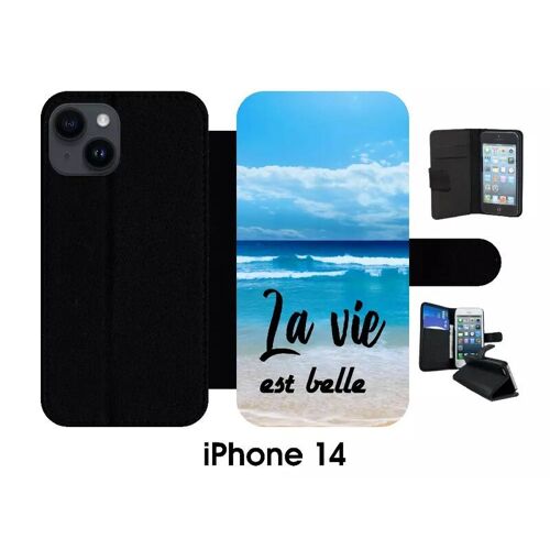 Etui À Rabat Iphone 14 - La Vie Est Belle Fond Mer - Simili-Cuir - Noir