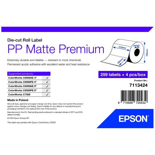 Epson Premium - Polypropylène (PP) - mat - adhésif permanent en acrylique - 105 x 210 mm 1036 étiquette(s) (4 rouleau(x) x 259 Étiquettes en forme découpée