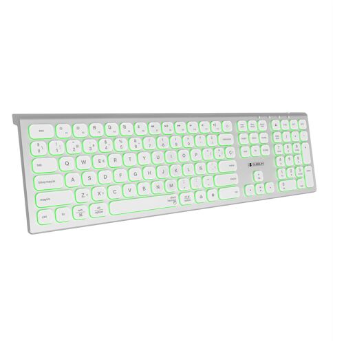 SUBBLIM SUBKB-3MIE300 clavier Universel RF sans fil + Bluetooth QWERTY Espagnole Argent, Blanc