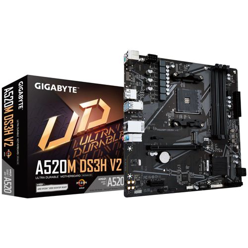GIGABYTE Carte mère A520M DS3H V2 - Prend en charge les processeurs AMD Ryzen série 5000 AM4, jusqu'à 4733 MHz DDR4 (OC), PCIe 3.0 x16, LAN GbE, USB 3.2 Gen 1