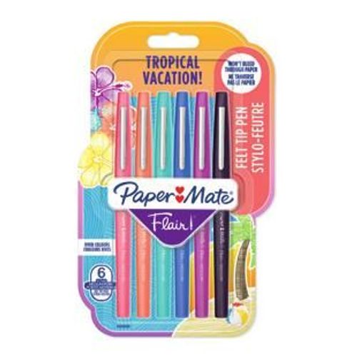 Papermate Flair Tropical Stylos À Encre Gel Avec Bouchon Moyen Noir, Bleu, Orange, Rose, Violet 6 Pièce(S)