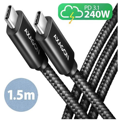 Axagon BUCM2-CM15AB Ladekabel USB-C zu USB-C 2.0, 1,5 m, PD 240 W 5 A, ALU - Schwarz - 1,5 Meter langes USB-C zu USB-C Kabel câble USB USB 2.0 USB C Noir