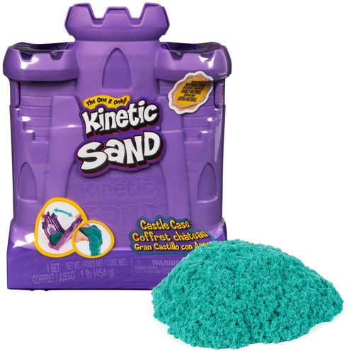 Kinetic Sand , Castle Case avec 453 g de sable à modeler bleu sarcelle, bac de jeu multi-usage et conteneur de rangement, jouets sensoriels pour les enfants à partir de 3 ans