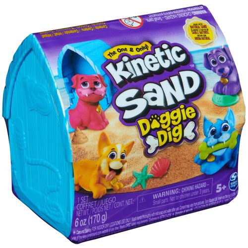 Kinetic Sand , Doggie Dig avec outil multi-usage surprise en forme de chien, 170 g de sable de plage et rangement de sable à modeler (plusieurs modèles disponibles.), jouets sensoriels pour enfants