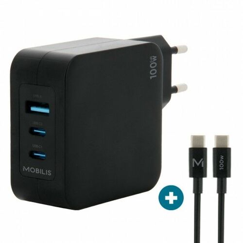 Mobilis Charger 100w 2usb C 1usba Gan Cable 100w Ordinateur Portable, Smartphone, Tablette Noir Secteur Intérieure