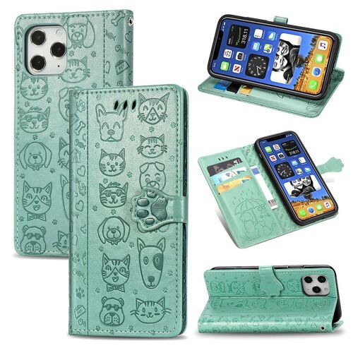 Apple Iphone 12 Pro Max Coque, Saturcase Chien Et Chat Mignon Pu Cuir Magnétique Flip Portefeuille Support Porte-Carte Protecteur Coque Housse Étui Avec Dragonne Pour Apple Iphone 12 Pro Max (Vert)