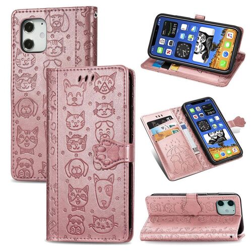 Apple Iphone 12 / 12 Pro Coque, Saturcase Chien Et Chat Mignon Pu Cuir Magnétique Flip Portefeuille Support Porte-Carte Protecteur Coque Housse Étui Avec Dragonne Pour Apple Iphone 12 / 12 Pro (Or Rose)