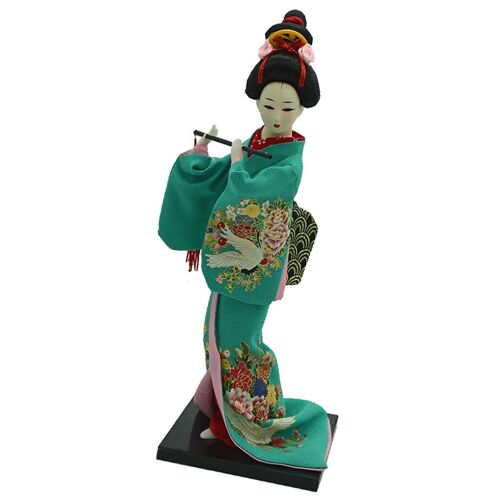 Poupée Geisha Debout Japonaise Traditionnelle, Modèle Kimono, Décor Vintage, Poupée Portant Des Vêtements Verts Et Flûte