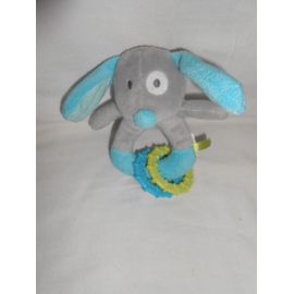 Obaidi Okaidi Doudou Hochet Grelot Chien Gris Bleu Raye Cocard Blanc Anneau Activite Bleu Vert Anneau De Dentition Ob