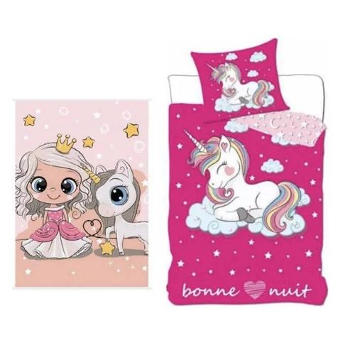 Ensemble Parure De Couette - Licorne - 140 X 200 Cm - Taie D'oreiller - Plaid 100 X 140 Cm - 100% Coton