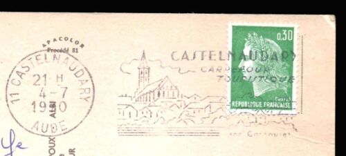 Timbre France 1967 Yvert Et Tellier N°1536a Type Marianne De Cheffer Oblitéré "Castelnaudary Aude" 1970 Sur Carte Postale