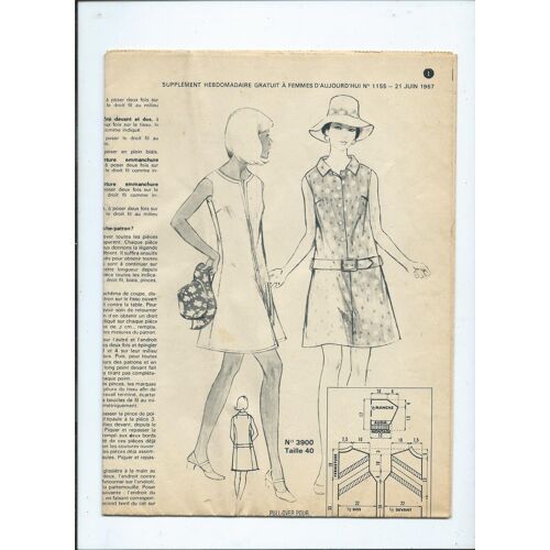 Femmes D'aujourd'hui Supplément Patron N°3900 Robe Taille 40, Blouse Fillette Taille 42 Du 21 Juin 1967 N° 1155