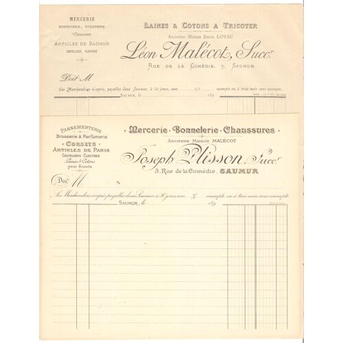 France Saumur 2 Factures Not Written 1890's Mercerie Chaussures Laines (Wools) Invoices