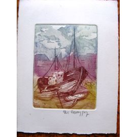 Gravure Vers 1960 Signée Deroussen Barques Dans Le Port