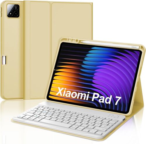 Clavier pour Xiaomi Pad 7 11.2"" 2025, Coque pour Xiaomi Pad 7/7 Pro 2025 avec AZERTY Français Clavier Bluetooth avec Fente pour Stylo pour Tablette Xiaomi Pad 7/7 Pro 11.2"", Jaune