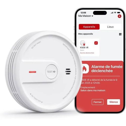 Détecteur de Fumée Connecté X-Sense, Alarme Incendie avec Application, 10 Ans de Sécurité, Mode Nuit, XS0E-iR.