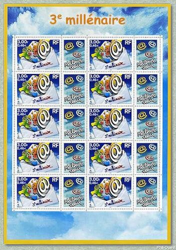 3ème Millénaire Vignette Attenante Voeux Feuille 3365b Timbres Personnalisés Année 2000 N° 3365 Yvert Et Tellier Luxe (10 Timbres Et Vignettes)