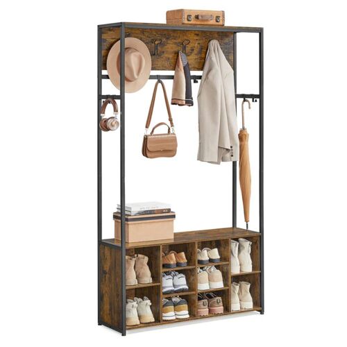 Porte-manteau meuble d entrée avec étagères à chaussures 32 x 100 x 180 cm étagères réglables compartiments ouverts style industriel pour entrée couloir marron Helloshop26 12_0007072