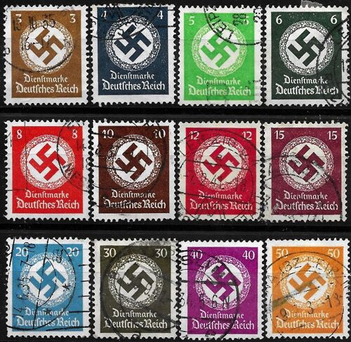 Allemagne, 3ème Reich 1934, Belle Série Complète Timbres De Service Yvert 93 À 104, Croix Gammée Dans Couronne De Feuilles De Chênes, Oblitérés, Tbe.