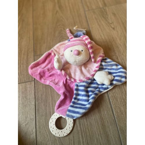 Doudou peluche lutin rose bleu rayé boutchou bout chou anneau dentition hochet plat