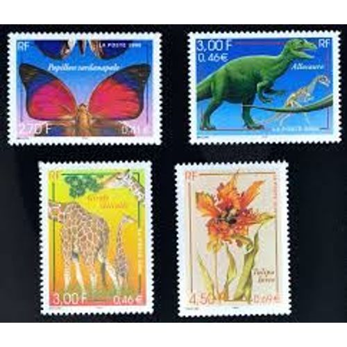 Série Nature De France (15) : Faune Et Flore : Papillon, Girafe, Allosaure, Tulipe Série Complète Année 2000 N° 3332 3333 3334 3335 Yvert Et Tellier Luxe