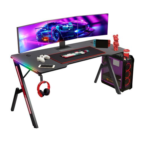 Todeco Bureau Gaming Led 160 X 60cm, Grande Bureau Gamer Avec Un Plateau En Fibre De Carbone, Ergonomic Bureau Avec Tapis De Souris, Porte-Gobelet Et Croche