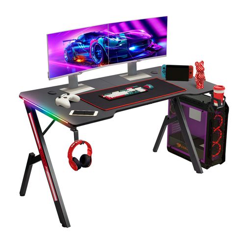Todeco Bureau Gaming Led 140 X 60cm, Grande Bureau Gamer Avec Un Plateau En Fibre De Carbone, Ergonomic Bureau Avec Tapis De Souris, Porte-Gobelet Et Croche