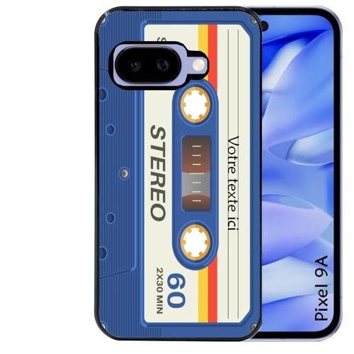 Coque Noire Pour Pixel 9a Cassette Bleu Avec Votre Texte