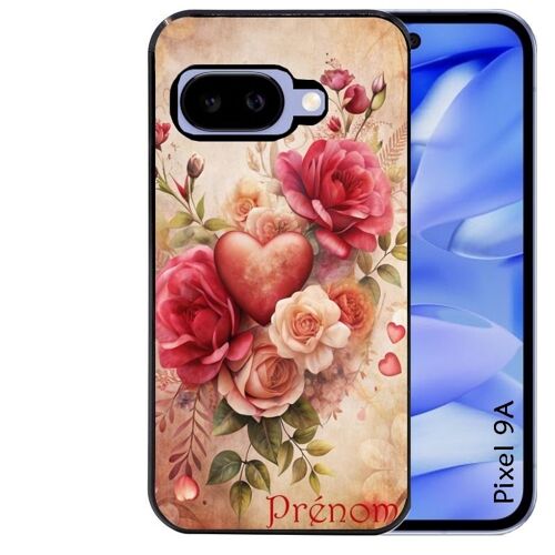 Coque Noire Pour Pixel 9a Motif Coeur Et Fleur Personnalisee