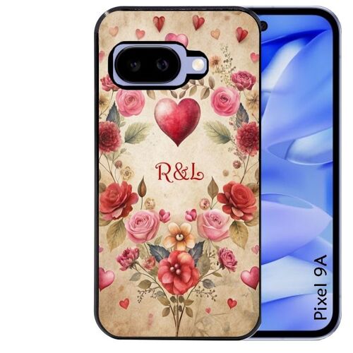 Coque Noire Pour Pixel 9a Motif Coeur Vintage Et Initiales Personnalisee