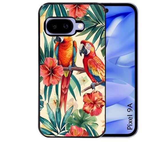 Coque Noire Pour Pixel 9a Perroquet Et Fleurs