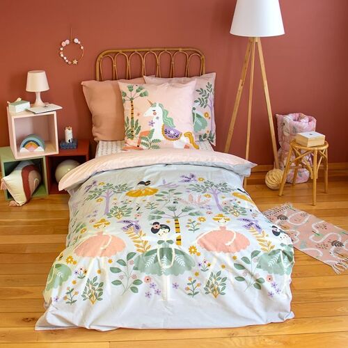 Kalanka-Parure De Lit Imprimée Bi-Histoire 140x200 Cm Enfant - Housse De Couette 140x200 Cm + 1 Taie D'oreiller 63x63 Cm Motif Imprimé Dame Et Licorne Rose Et Bleu ¿ Sets De Housse De Couette En Coto