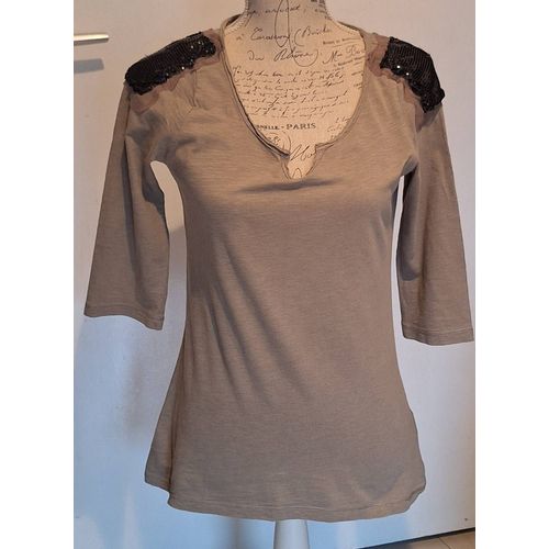 Tee-Shirt Kaki Manches 3/4 À Épaulettes Avec Sequins
